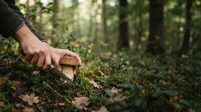 Man harvesting a wild porcini mushroom with a knife in the autumn forest, representing foraging and nature exploration