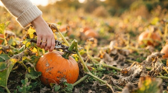 Woman harvesting pumpkin in a patch with pruners for autumn harvest and Thanksgiving holiday decoration