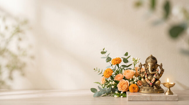 Ganesh chaturthi festival greeting with statue and flowers background