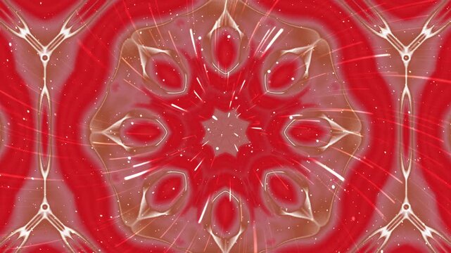 Abstract red background with symmetrical geometric patterns and light streaks.