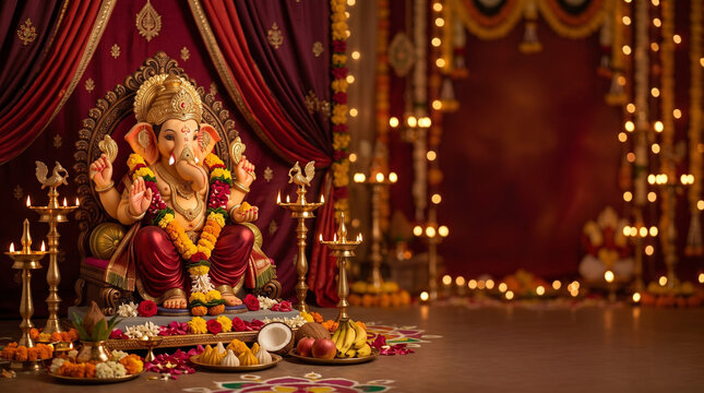Ganesh chaturthi festival celebration with lord ganesha idol and lamps