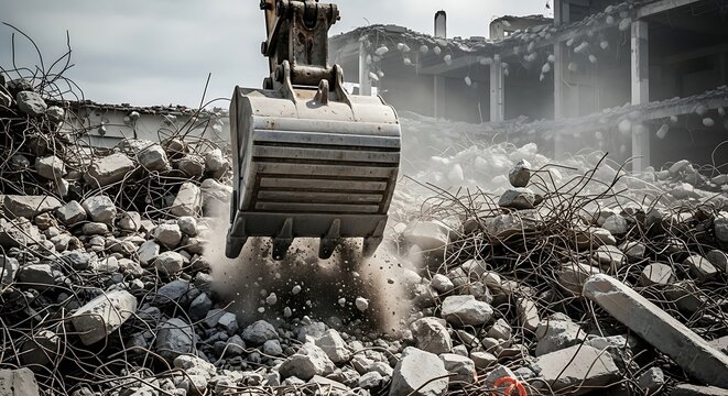 Heavy Excavator Bucket Digging Through Debris in Ruined Construction Site