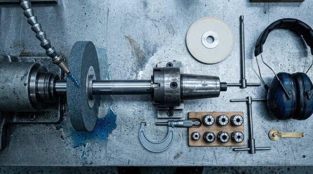 Grinding wheels, micrometer, collet chuck, steel shaft, coolant nozzle, and ear protection on a metalwork bench