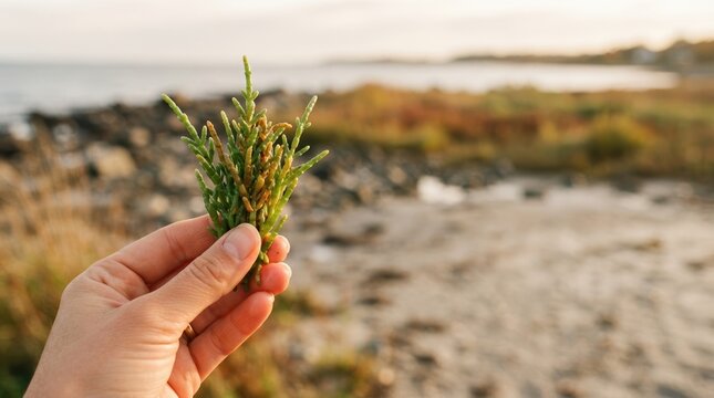 Woman holding fresh glasswort samphire plant by the ocean beach representing foraging and coastal plants