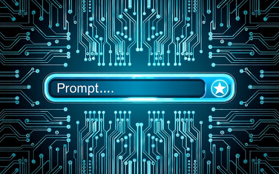 Futuristic digital prompt interface with glowing blue circuit background representing artificial intelligence technology