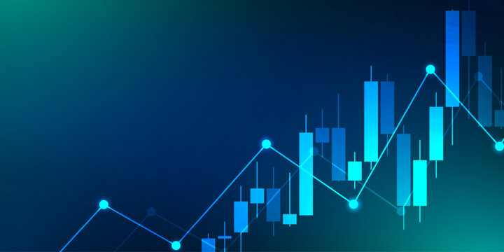 Abstract financial stock market on blue and green gradient background with graph and candlestick. Design for financial banners economic growth infographics business analytics.