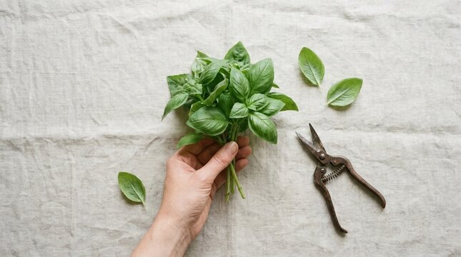 Fresh green basil bunch held in hand with pruning shears on rustic linen cloth for culinary cooking