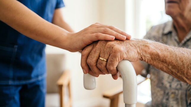 Caring nurse holding the hand of an elderly senior citizen holding a walking cane for support