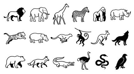 Naklejka premium Black and White Line Art Safari Animals Icons Set Vector Illustration