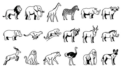 Naklejka premium African Safari Animals Line Art - Black and White Vector Illustration