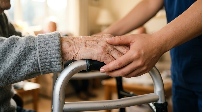 Compassionate caregiver holding the hand of an elderly patient using a walker in a nursing home
