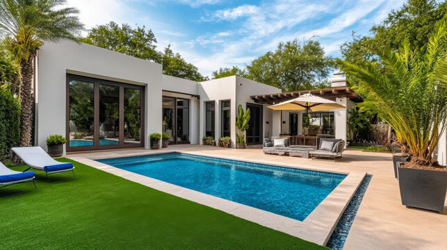 modern house with swimming pool, artificial grass, trees