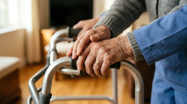 Close-up of a compassionate caregiver's hands gently guiding and supporting an elderly person's hands on a walking frame, symbolizing dignified assistance and devoted senior care
