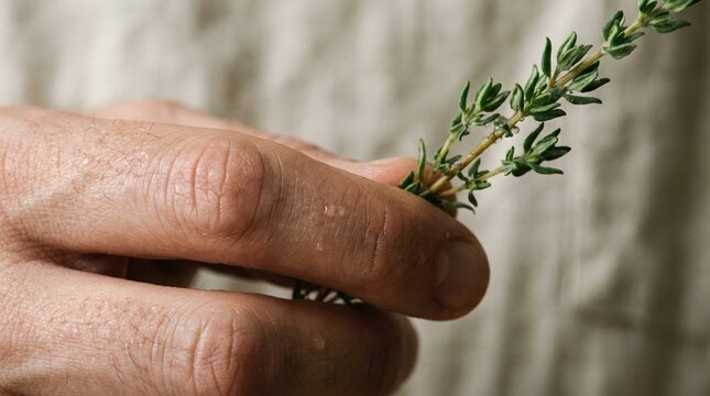 Close up of male hands holding fresh green thyme sprigs with water drops representing organic culinary herbs and natural cooking ingredients