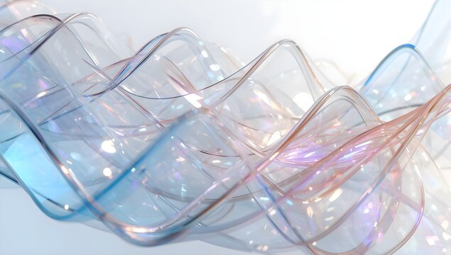 Abstract Iridescent Crystal Glass Ribbons with Glowing Rainbow Light Reflections