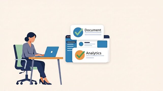Woman working on laptop with task management interface animation
