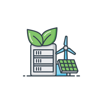 Green server hosting icon with solar panel wind turbine and leaves representing eco friendly data center technology