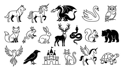 Fototapeta premium Whimsical Fantasy Nature Animals Black and White Line Art Silhouette Icon Set for Children