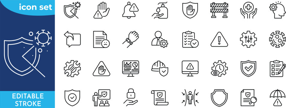 Prevention icon set. Editable stroke. Contain icons related to safety, risk, protection, control, awareness, disease, hygiene, and more.