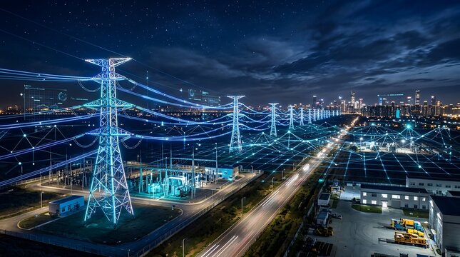 Smart grid power lines transmitting electricity at night