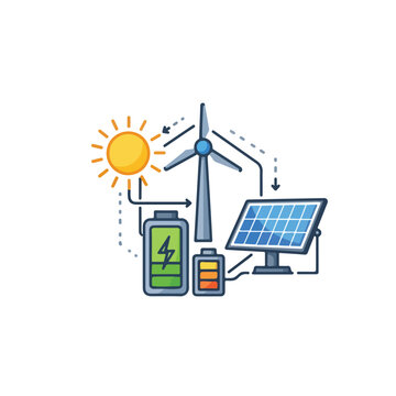 Renewable energy icon showing solar panel wind turbine sun and battery storage system on white background