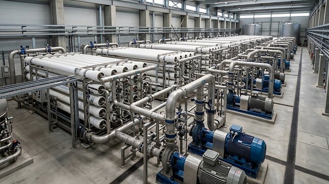 Large indoor water treatment facility housing extensive rows of horizontal reverse osmosis membrane pressure vessels, stainless steel piping networks, and blue high pressure pumps.