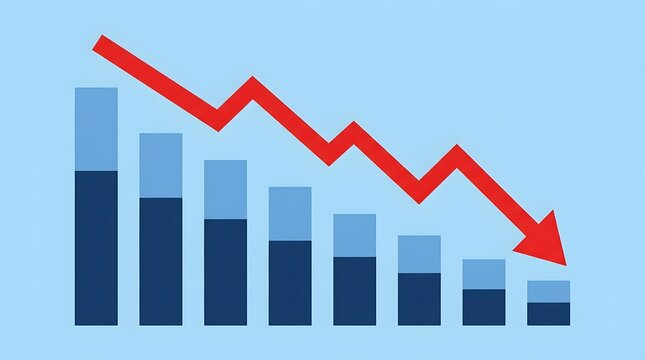 A financial graph shows a downward trend in performance indicating an economic recession with a red arrow