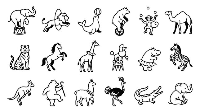 Circus and Safari Animals Black  White Line Art Icons. Diverse Wildlife Creatures Collection for Kids Entertainment.