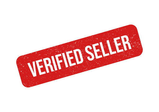 Red verified seller badge with white text isolated on transparent background