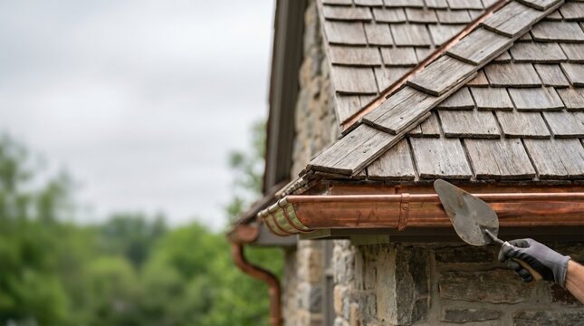Professional worker cleaning and repairing copper roof gutters with a trowel on a stone house