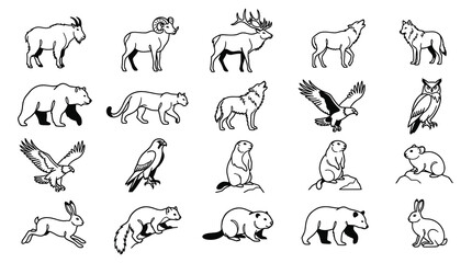 Obraz premium Black and White Line Art Wildlife Animals Icon Set Vector Illustration