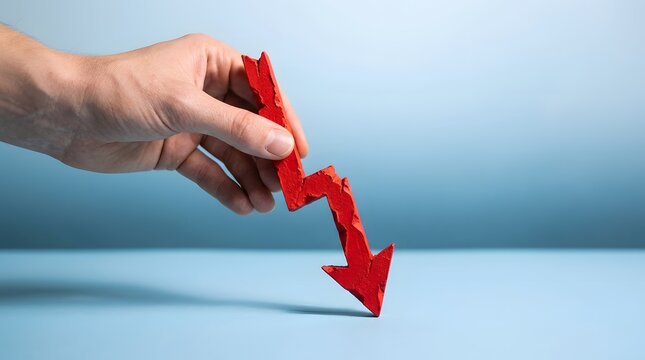A hand holding a red arrow pointing downwards representing loss decline or negative trends