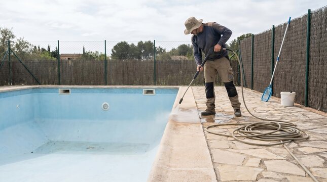 Middle-aged man using high-pressure washer to clean swimming pool deck and coping stones