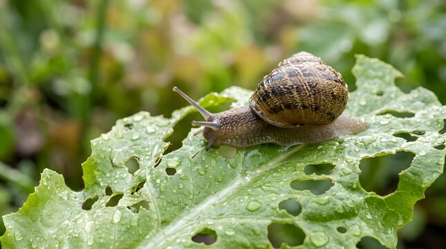Garden snail crawling on a wet leaf with holes