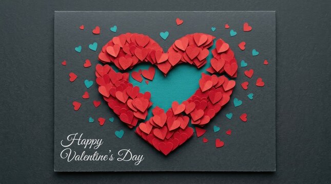 A heart shape made of many small red paper hearts on a dark grey textured background, with the text happy valentine's day written in white script