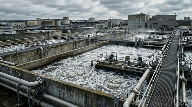 An outdoor industrial wastewater treatment facility displaying concrete aeration tanks filled with bubbling water alongside metal walkways, piping manifolds, and processing units.