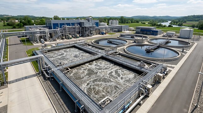 An aerial view of a large modern water treatment plant displaying rectangular bubbling aeration basins, circular clarifiers, administrative buildings, and surrounding green landscape.