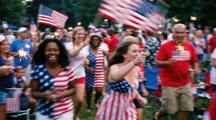 Naklejka premium Diverse group of happy young adult friends celebrating Independence Day with American flags and sparklers outdoors