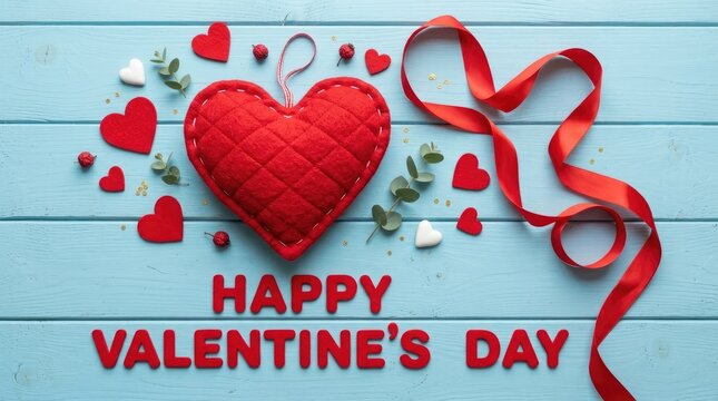 A red quilted fabric heart and red wooden letters spelling happy valentine's day on a light blue wooden background, with a red, ribbon and eucalyptus
