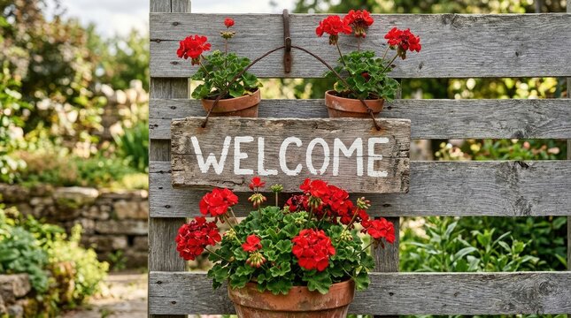 A rustic wooden welcome sign hanging on a weathered gray wooden fence surrounded by vibrant red geranium flowers in terracotta pots