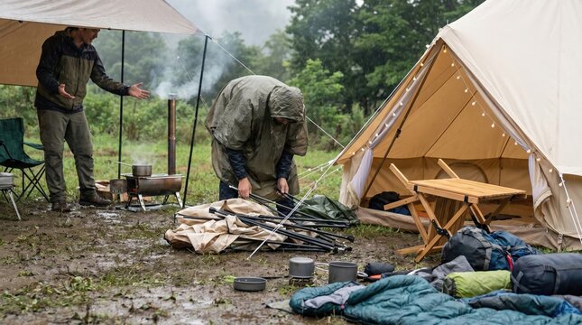 Frustrated adult men camping in the rain setting up tents and cooking outdoors in mud