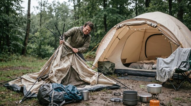 Middle aged man setting up a camping tent in the forest for outdoor adventure and wilderness trip