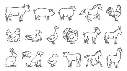 Naklejka premium Farm Animals Line Art Icons Set - Black and White Vector Illustrations