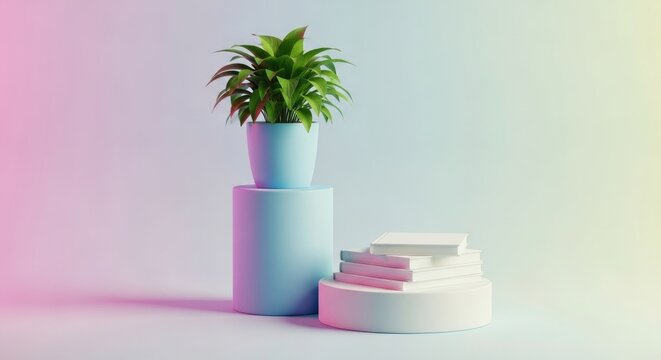 A small green potted plant sitting on a blue cylindrical pedestal next to a stack of white books on a white platform with gradient background