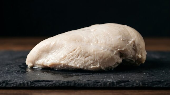 Plain cooked poached chicken breast on a dark slate surface