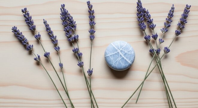 Several sprigs of dried purple lavender flowers arranged neatly next to a small round blue stone on a light natural wooden surface background