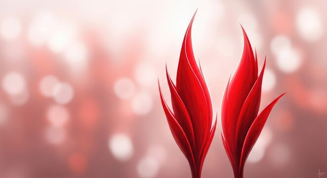 Two abstract red flame-shaped floral forms glowing against a soft blurred pink and white bokeh background, with light particles, and soft glow