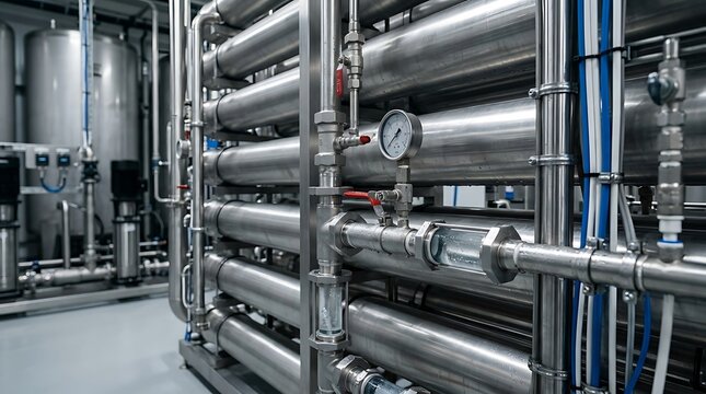 Detailed close up of an industrial filtration system displaying horizontal stainless steel pressure vessels, pressure gauges, small blue fluid lines, and metal mounting racks.