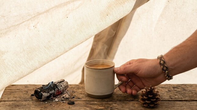 A male hand holding a hot steaming mug of coffee or tea inside a tent next to a smoldering log and a pinecone