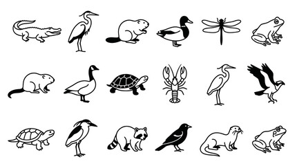 Naklejka premium Black and White Line Art Icons: Aquatic Wildlife Wetland Animals Glyph Collection for Nature Education